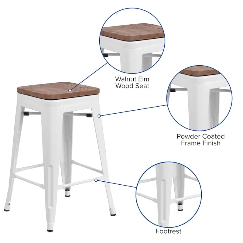 24" High Backless Metal Counter Height Stool with Square Wood Seat