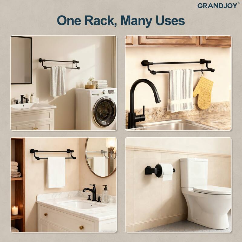 GRANDJOY 4-Piece Stainless Steel Bathroom Hardware Set with Wall Mount Double Towel Bar