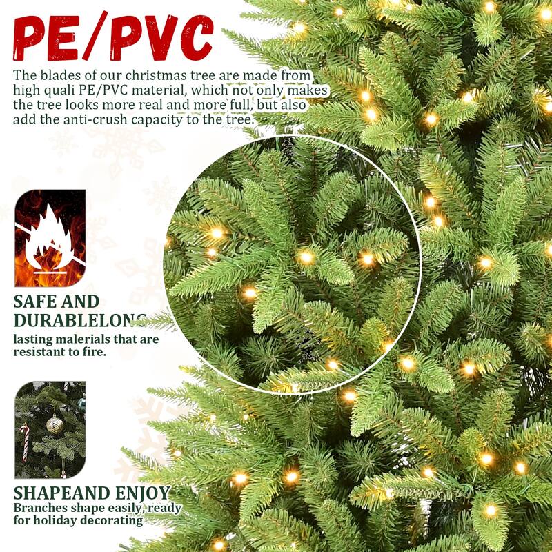 6FT Slim Christmas Tree with 300 Warm White LED Lights - 850 PE+PVC Tips, Space-Saving Hinged Design,Metal Stand