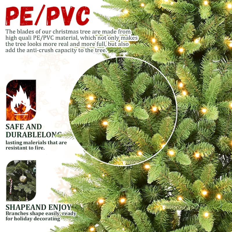 8FT Slim Christmas Tree with 500 Warm White LED Lights-1612 PE+PVC Tips,Space-Saving Hinged Design, Easy Setup