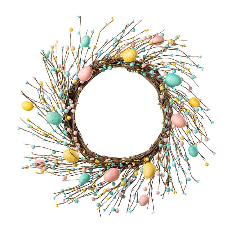 Glitzhome 22"D Artificial Easter Spring Eggs Berries Wreath for Front Door Wall Decor