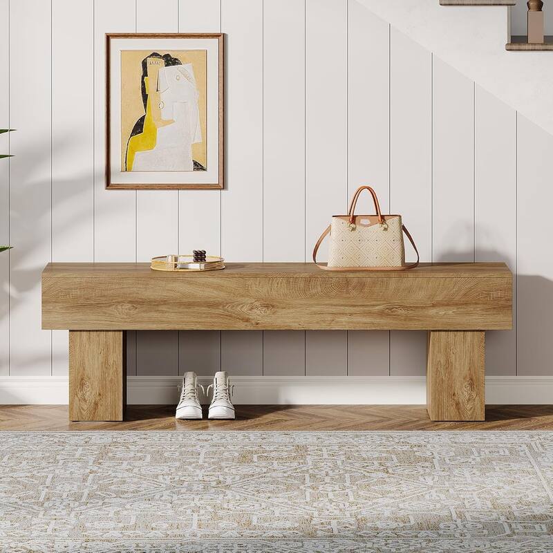 63" Entryway Bench, Rustic Farmhouse End of Bed Bench for Hallway, Living Room, End of Bed, Light Brown