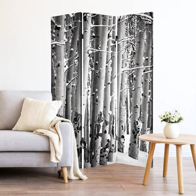 3 Panel Canvas Foldable Screen with Birch Print, Black and White - 6 x 12