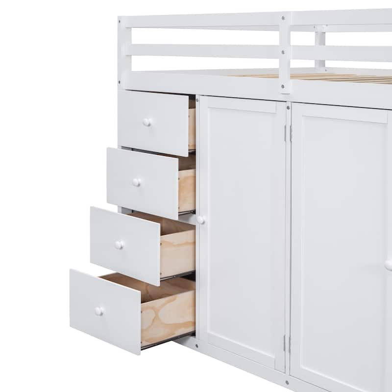 White Full Size Loft Bed with Built-in Wardrobes and Staircase, Space-Saving Design