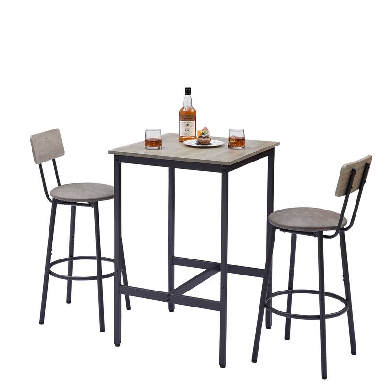 Minimalist Style 3-Piece Dining Table Set with 2 Bar Stools with Backrest,Grey
