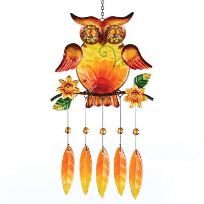 Autumn Glass Owl and Leaves Wind Chime - 10.630 x 10.380 x 2.700