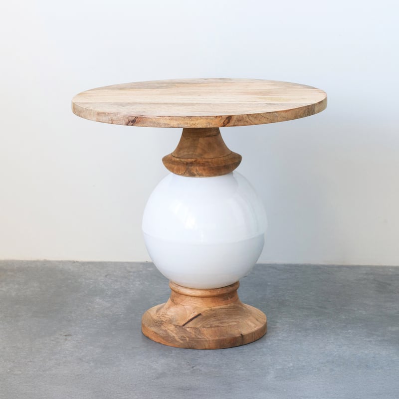 Round Mango Wood and Metal Pedestal Table, - White and Brown