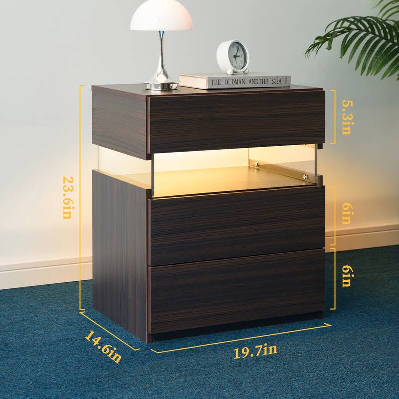 GDF Studio - Avalon Modern LED Nightstand with Three Drawers and 16-Color RGB Lighting