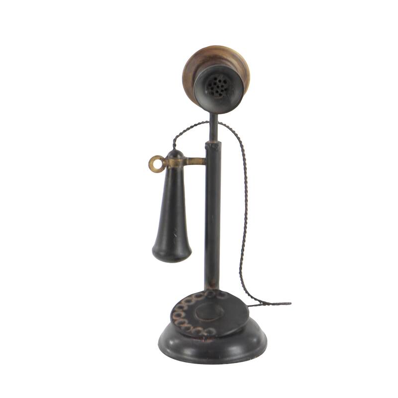 Black Metal Decorative Vintage Style Telephone Decorative Sculpture with Tiered Base and Coil Wire Detailing