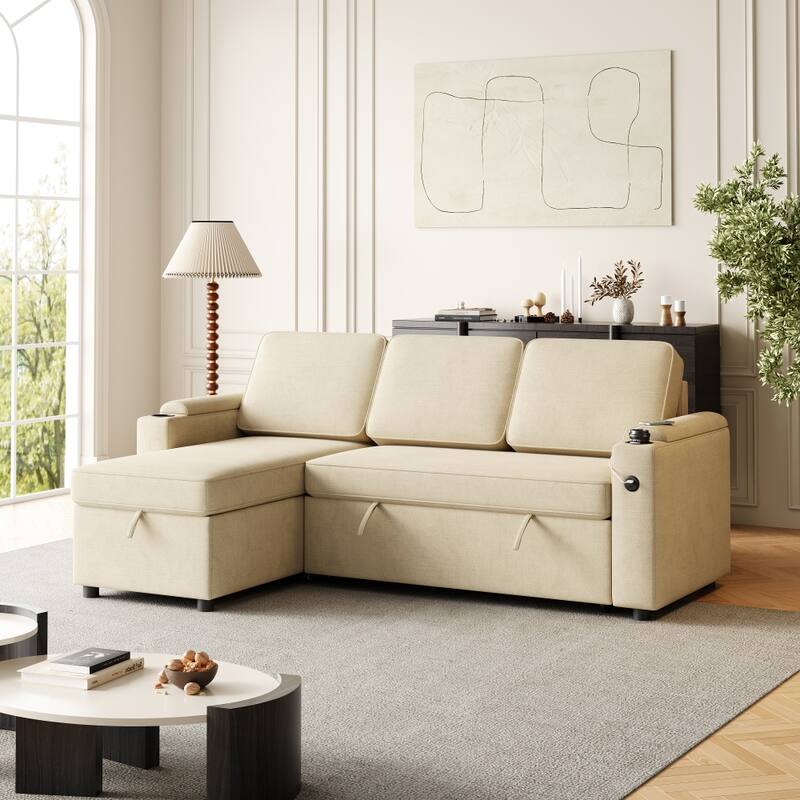 2 in 1 Pull Out Sofa Bed with Storage and Charging Port - Beige