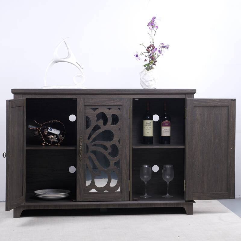 Spacious size countertop Sideboard with 3 mirrored doors adjustable shelves buffet cabinet, storage cabinet for living room