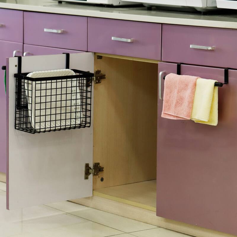Cabinet Door Organizer, Kitchen Cutting Board Organizer with Towel Bar Black