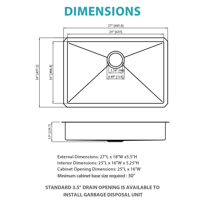 Kitchen Sink, 27 Inch Undermount Sink 5.5-Inch Single Bowl 16 Gauge Stainless Steel 27x18x5.5 Inch Handmade Sinks Basin