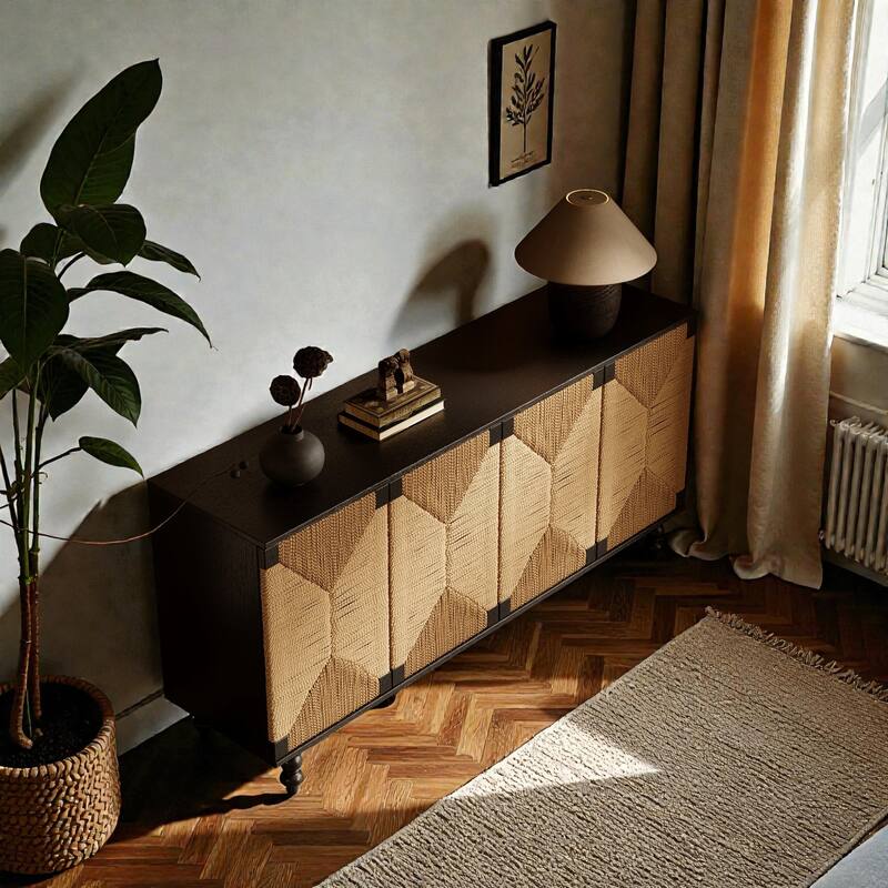 Wood Sideboard Buffet Cabinet with Handwoven Seagrass Doors, Black Storage Console for Dining Room and Entryway