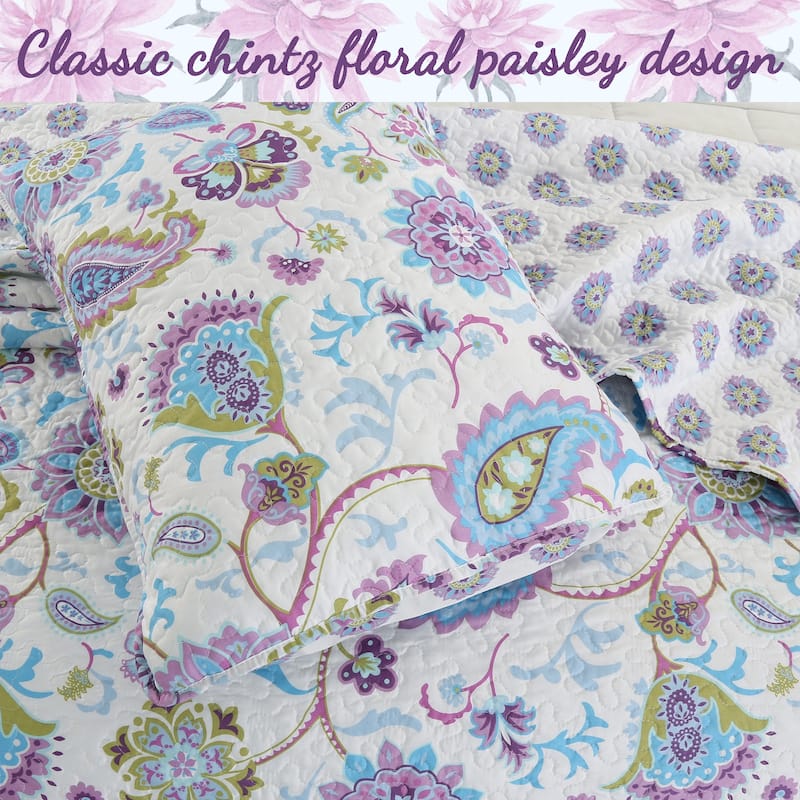 Cozy Line Lavender Purple Blue Floral Paisley 3-Piece Quilt Bedding Set