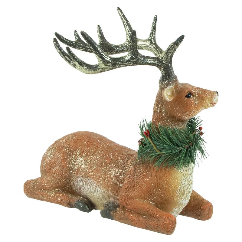 Glittered Sitting Deer with Pine Neck Wreath Christmas Decoration - 10"