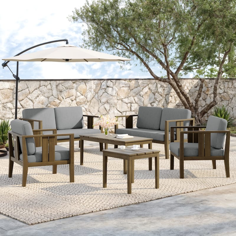 Teak Wood 6-Piece Outdoor Conversation Set with Table - Brown frame - Grey/Brown