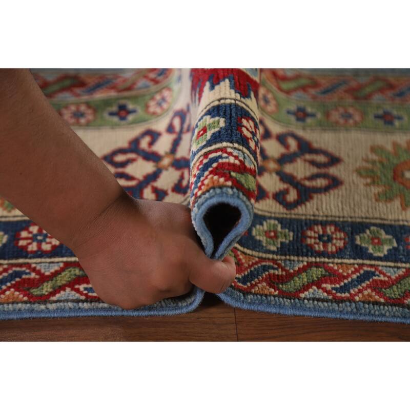 Hand Knotted Oriental 100% Wool Carpet Traditional Geometric Navy Blue & Blues Kazak Area Rug - 9' 8'' X 6' 6''