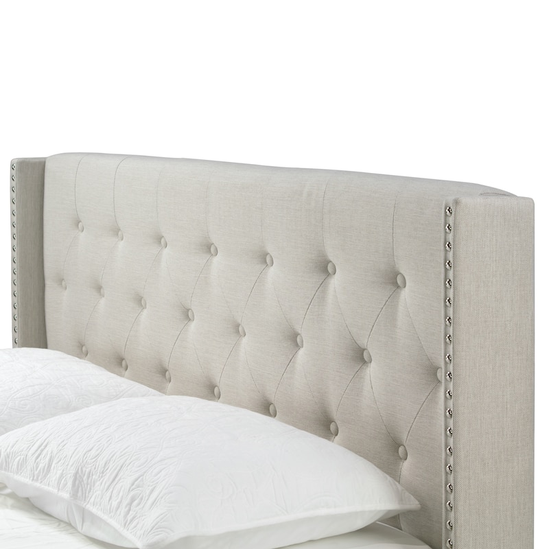 Asali Beige Fabric Bed with Button Tufting and Nail Headed Wings