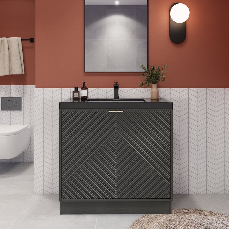 Milano 36" Freestanding Bathroom Vanity with Black Acrylic Sink - 35.42" x 19.49" x 35.46'' - Black