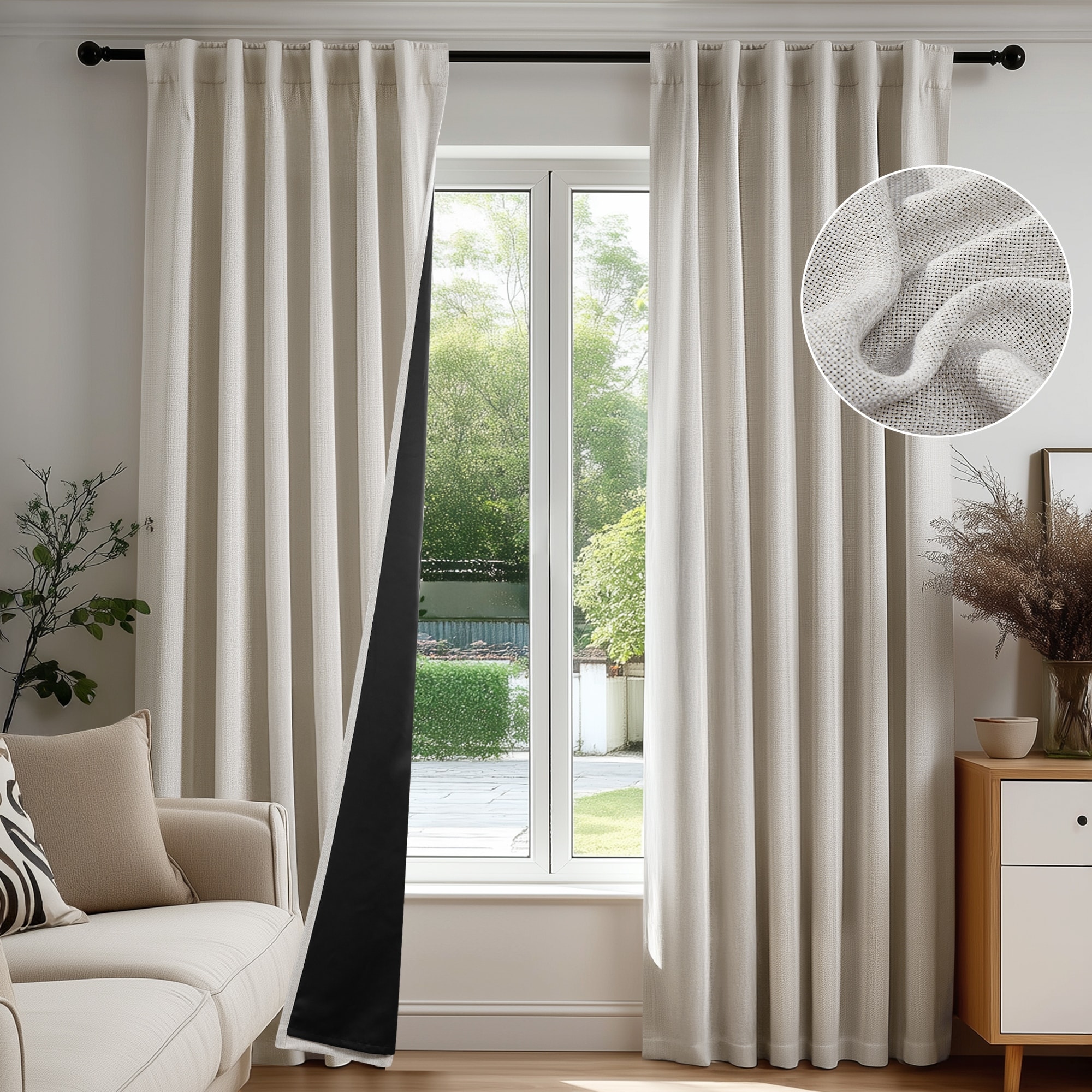 Deconovo Soft Faux Linen Black Layered Bedroom Curtain(2 Panel)