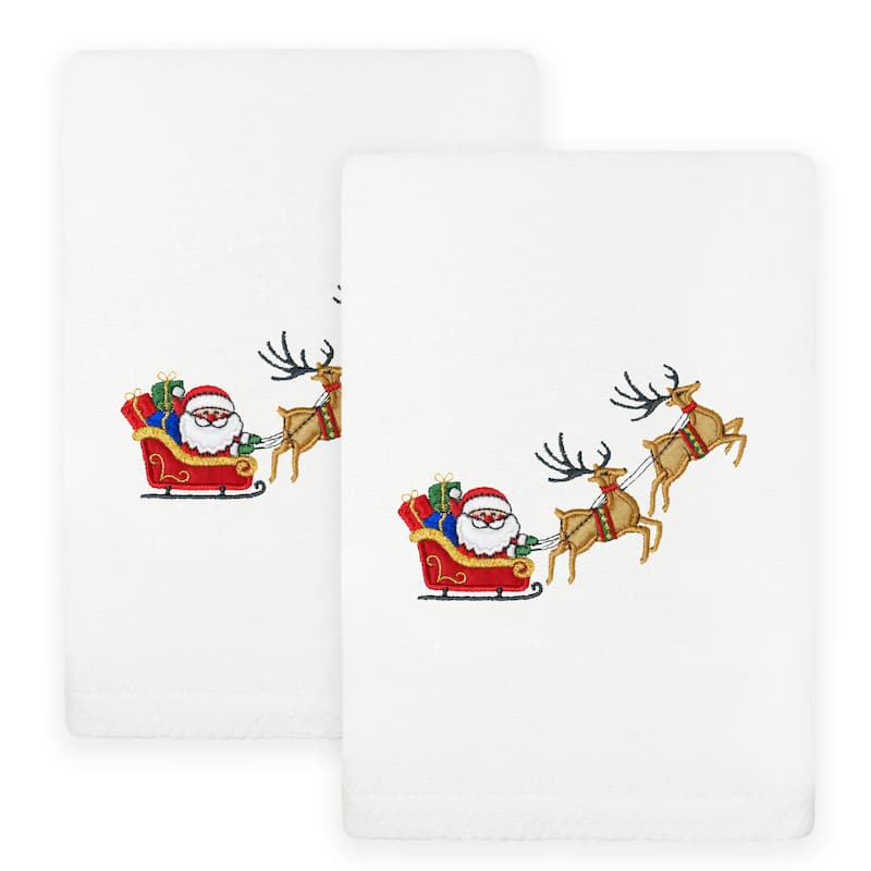 Authentic Hotel and Spa Christmas SANTA'S SLED Embroidered Luxury 100% Turkish Cotton Hand Towels Set of 2 - White