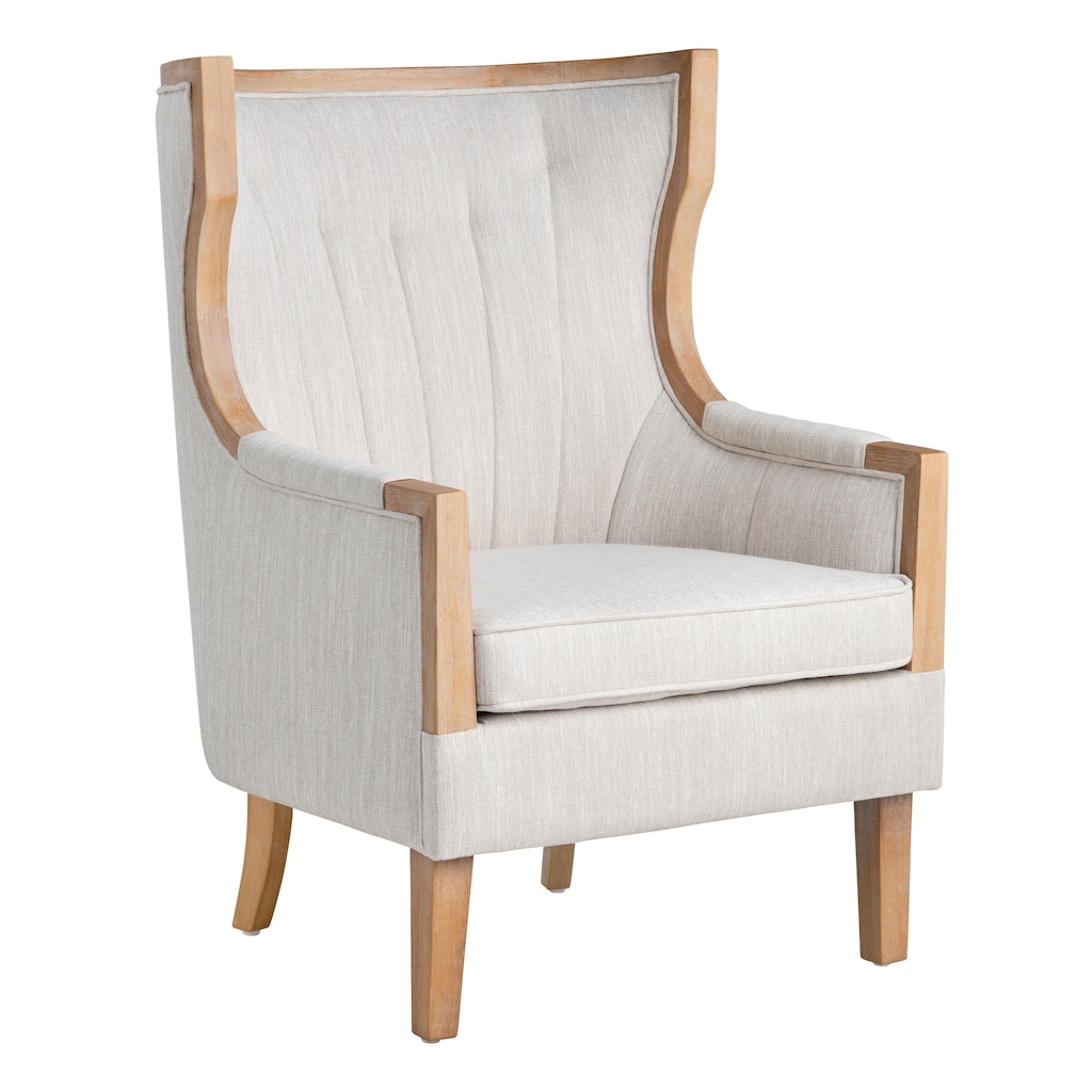 Beige Upholstered Accent Arm Chair with Tan Solid Wood Frame