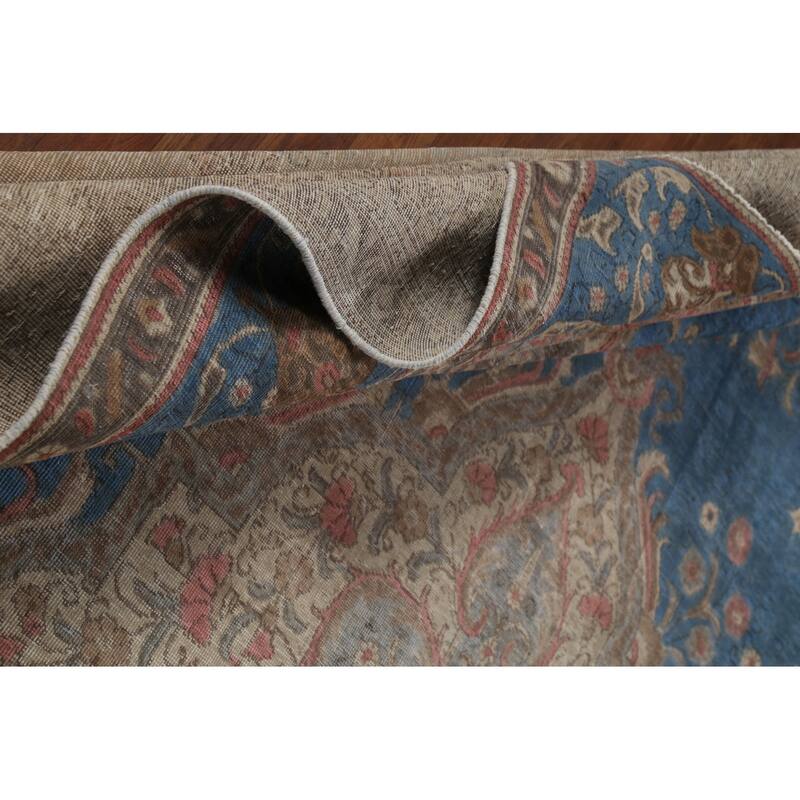 Distressed Tabriz Persian Vintage Rug Hand-Knotted Blue Wool Carpet - 10'0"x 13'4"