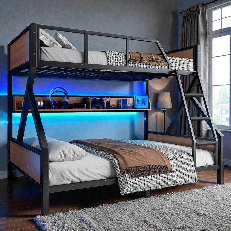 Metal Bunk Bed with Storage Shelves and LED Lights, Space Saving Noise Free Bunk Bed Frame with Guardrails