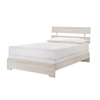 Twin Size Washed Wood Platform Bed with Slat Headboard and Low-Profile Frame