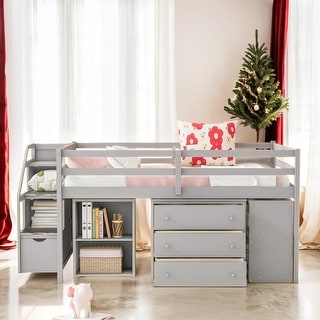 Full Size Loft Bed with Retractable Writing Desk and 3 Drawers, Wooden Loft Bed with Storage Stairs and Shelves,Gray