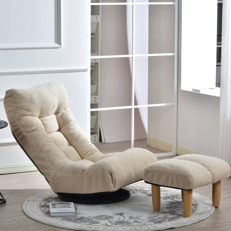 Beige Boucle Upholstered 360° Swivel Armless Manual Leisure Recliner Set with Ottoman, Adjustable Headrest and Backrest