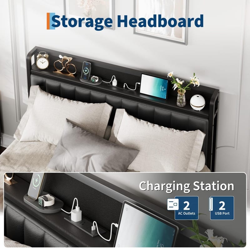 Faux Leather Upholstered Bed Frame with USB Ports