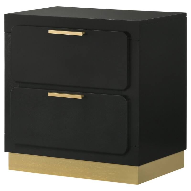 Caer Nightstand, 2 Drawers, Gold Accent Recessed Base, Bar Handles, Black