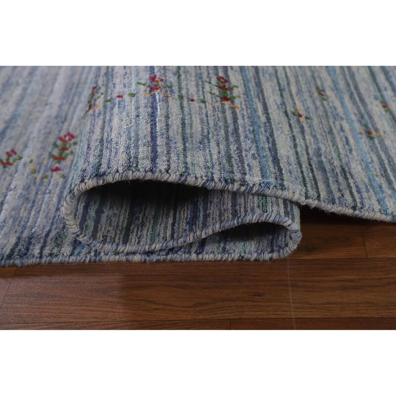 Striped Gabbeh Oriental Area Rug Handmade Blue Wool Carpet - 7'10"x 9'7"