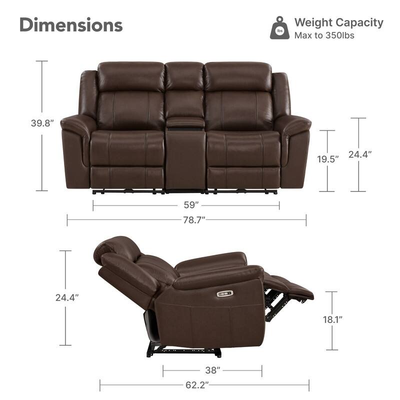 Spruce & Spring Genuine Leather Power Reclining Sofa with Optional Console & Flip-Down Table