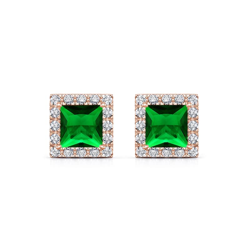 Auriya 14k Gold Lab Grown Gemstone Green Emerald Stud Earrings Princess 0.25 to 5.00 ct. tw. Halo Push-Back
