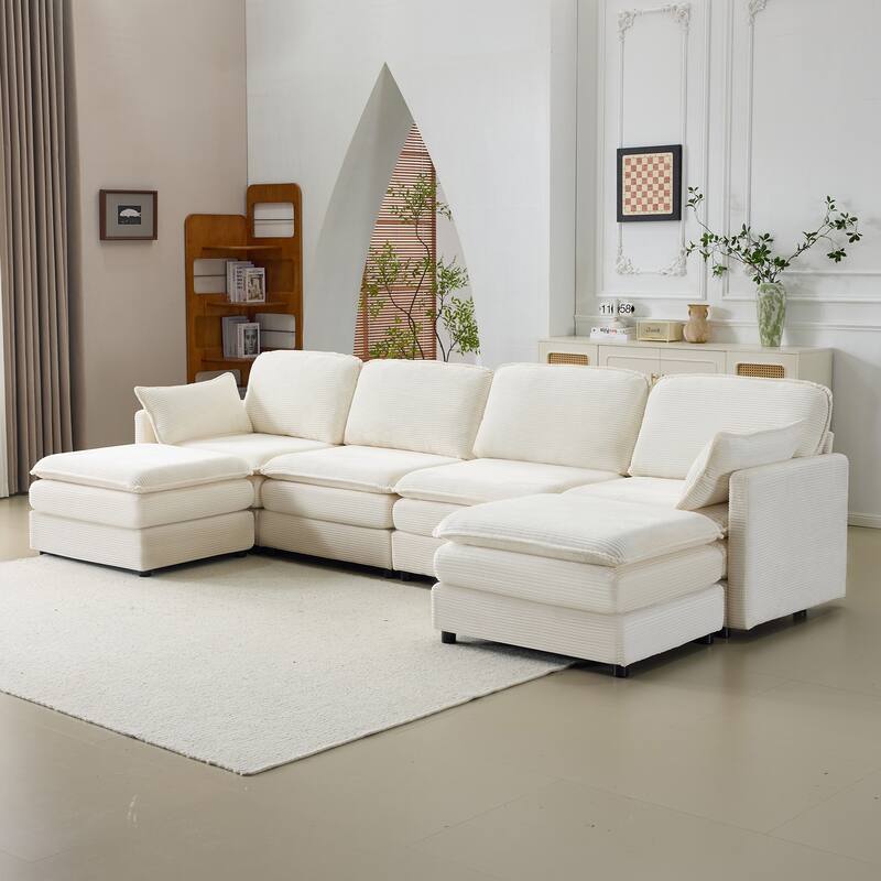 U-Shaped Modular Sectional Sofa with 2 Ottomans, Oversized Corduroy Upholstered Cloud Sofa, 4-Seater Sofa with 2 Throw Pillows