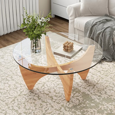 Round Glass Top Coffee Table Solid Wood - 35.4"×35.4"×16"
