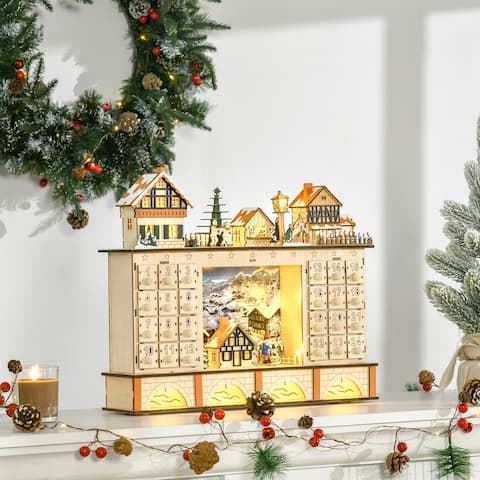 HOMCOM Christmas Advent Calendar, Light Up Table Xmas Wooden Store Holiday Decoration with Countdown Drawer, Village