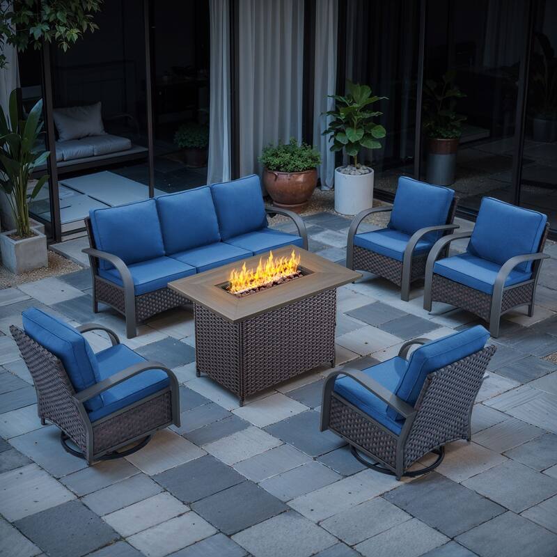 Outdoor Fire Pit with Funiture Set - Brown Rattan - Blue Cushion - 6PC-Sofa Chair w/ Rattan Fire Table
