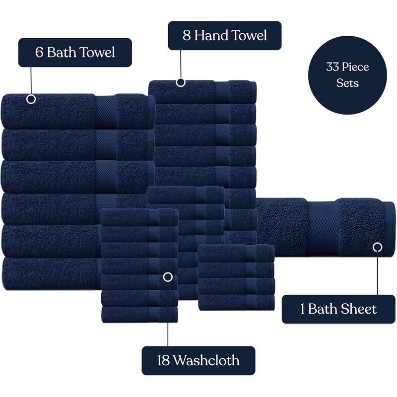 Delara Organic Cotton Luxuriously Plush Bath Towel 33 Piece Set, GOTS & OEKO-TEX Certified, 650 GSM Long Staple