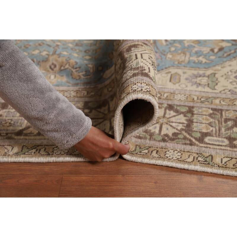 Hand Knotted Oriental 100% Wool Carpet Traditional Medallion Navy Blue & Blues Tabriz Area Rug - 9' 5'' X 6' 7''