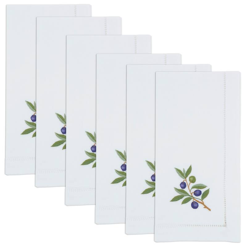 Embroidered Olive Cotton Decorative Napkins (Set of 6) - Hemstitch Border with Botanical Olive Branch Motif, 20"x20"