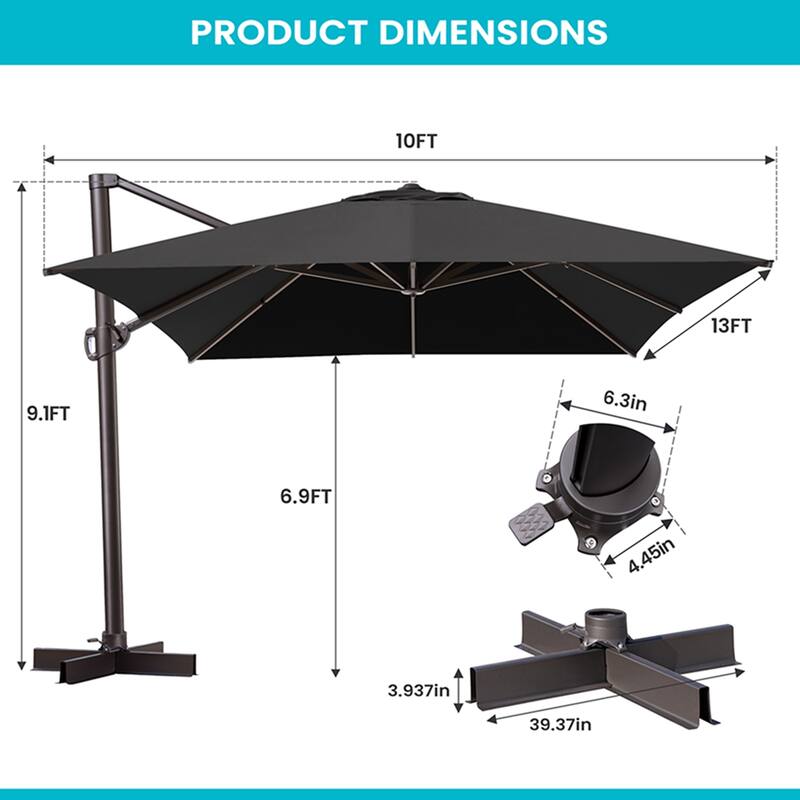 10 X 13FT Outdoor Patio Cantilever Umbrella with Rod Base