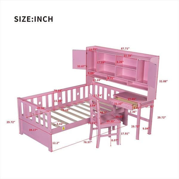 dimension image slide 1 of 2, Multifunctional Twin Size Wood Bookshelf Platform Bed with Built-in Desk and Chair