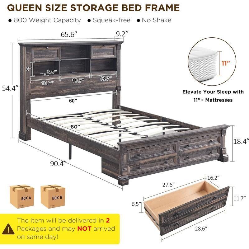 Farmhouse Queen Size Bed Frame with 54" Tall Bookcase Headboard