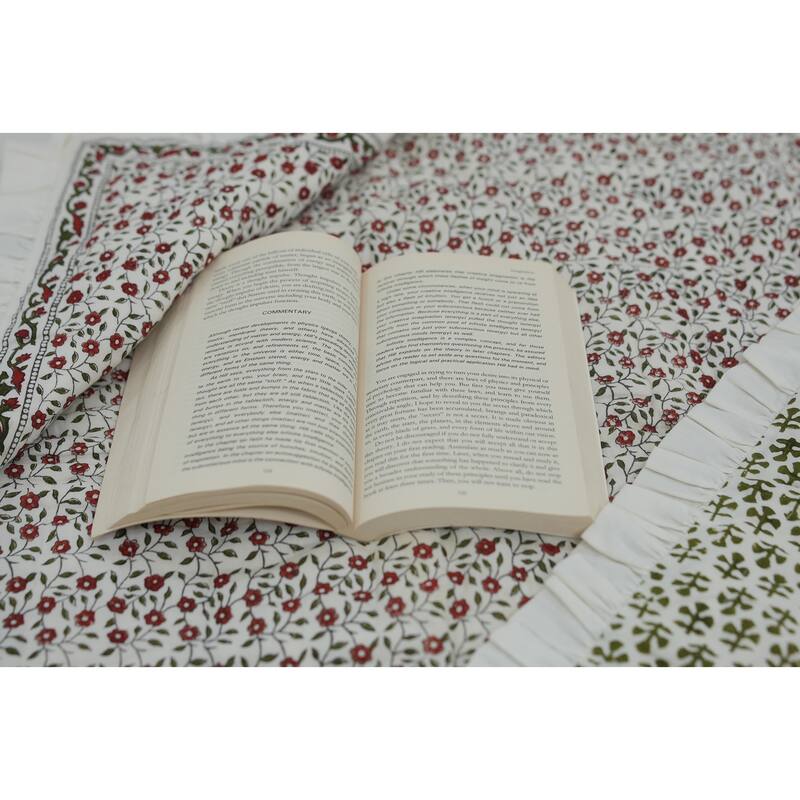 Fabdivine Handmade Cotton Quilt - Green Grey Floral Block Print, Reversible Layering Quilt, Artisan Bedspread, Heritage Textile