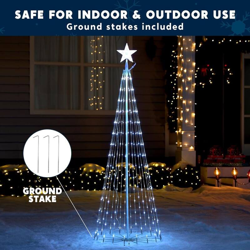 Joyfy 72-in Animated Christmas Cone Tree Light, Cool White Light, Metal Stakes