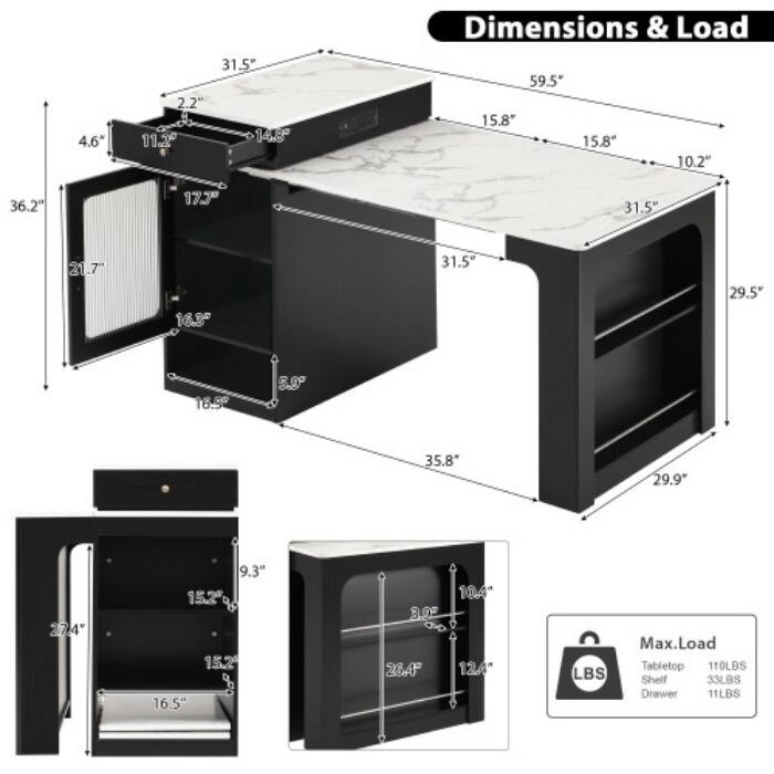 Multi-Functional Kitchen Island, 59.5" Extendable Table with Power Outlet & Double-Sided Storage for Dining & Prep